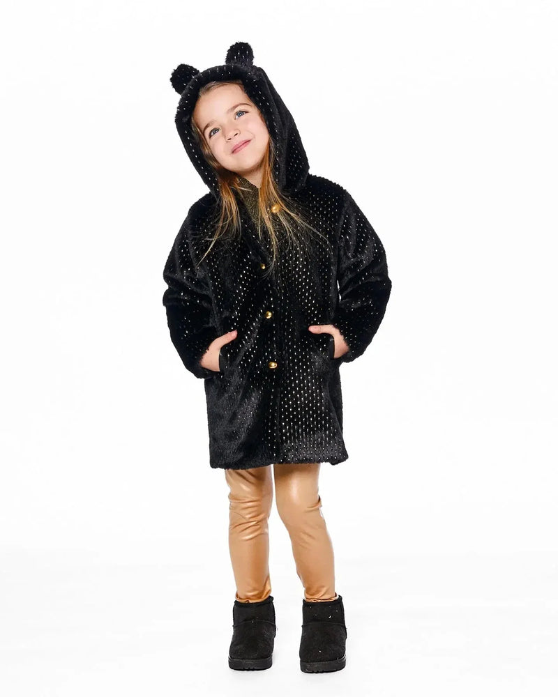 Bear Faux Fur Coat Black With Gold Polka Dots - LittleTreasures